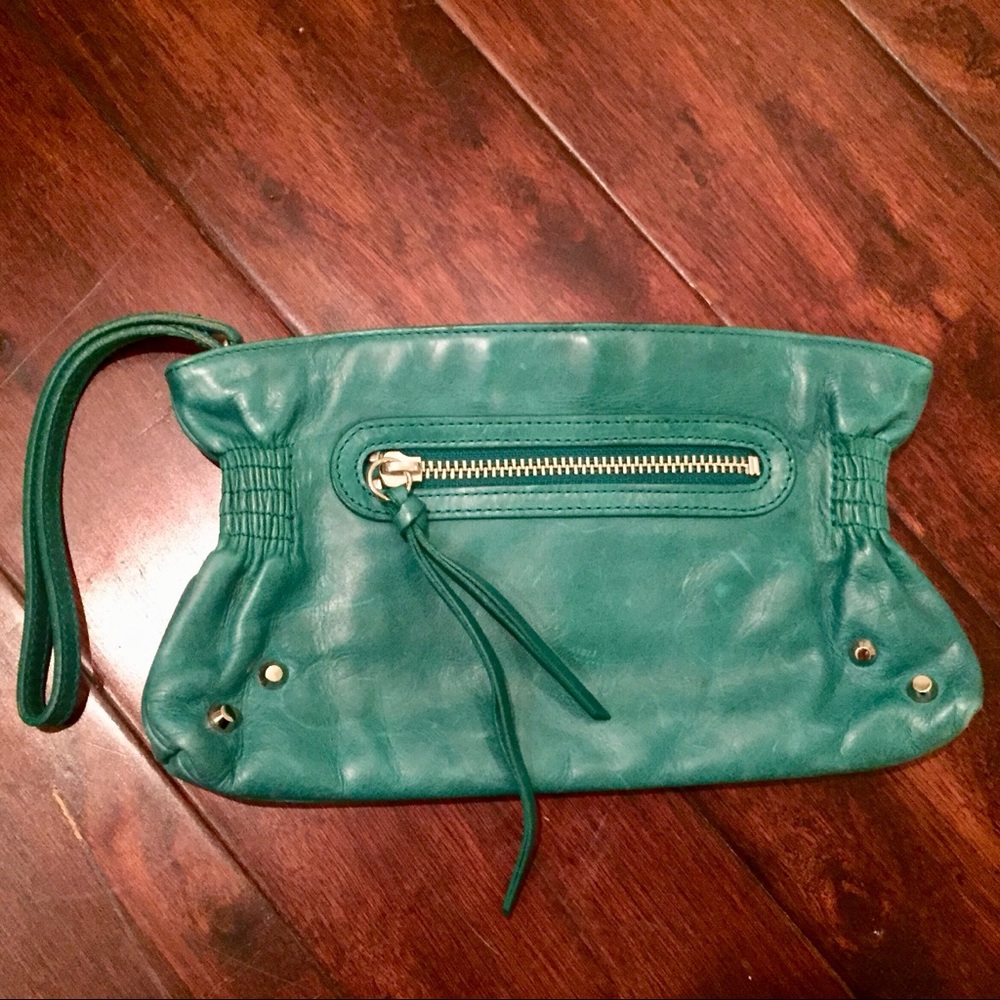 Teal Leather Clutch with Wristlet